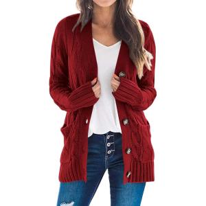 imagePRETTYGARDEN Womens Open Front Cardigan Sweaters Fall Fashion Button Down Cable Knit Chunky Winter Clothing Outerwear CoatsWine Red