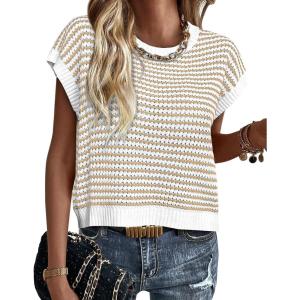 imagePRETTYGARDEN Womens Short Sleeve Sweater Spring Summer 2025 Round Neck Striped Pullover Cap Sleeve Knit Sweater Vest TopsApricot