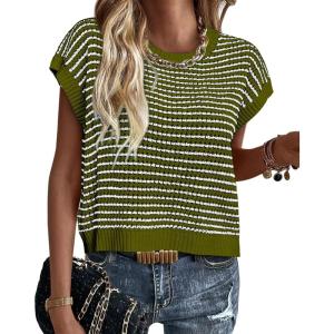 imagePRETTYGARDEN Womens Short Sleeve Sweater Spring Summer 2025 Round Neck Striped Pullover Cap Sleeve Knit Sweater Vest TopsArmy Green