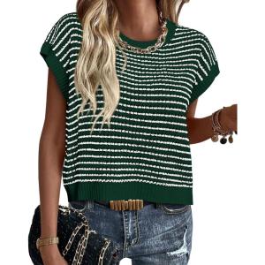 imagePRETTYGARDEN Womens Short Sleeve Sweater Spring Summer 2025 Round Neck Striped Pullover Cap Sleeve Knit Sweater Vest TopsDark Green