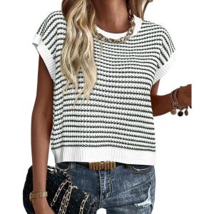 imagePRETTYGARDEN Womens Short Sleeve Sweater Spring Summer 2025 Round Neck Striped Pullover Cap Sleeve Knit Sweater Vest TopsStriped White Dark Green