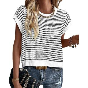 imagePRETTYGARDEN Womens Short Sleeve Sweater Spring Summer 2025 Round Neck Striped Pullover Cap Sleeve Knit Sweater Vest TopsWhite