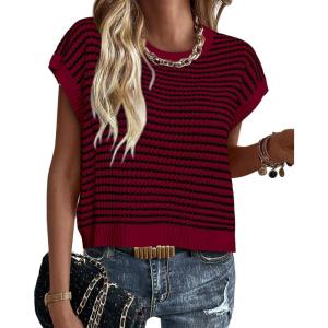 imagePRETTYGARDEN Womens Short Sleeve Sweater Spring Summer 2025 Round Neck Striped Pullover Cap Sleeve Knit Sweater Vest TopsWine Red