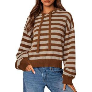 imagePRETTYGARDEN Womens Striped Sweaters 2025 Fall Pullover Hoodies Y2K Casual Long Sleeve Tops Winter Fashion ClothingStriped Apricot Coffee