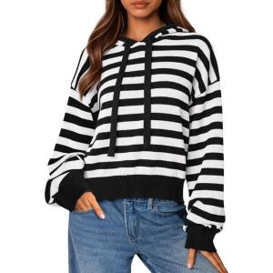 imagePRETTYGARDEN Womens Striped Sweaters 2025 Fall Pullover Hoodies Y2K Casual Long Sleeve Tops Winter Fashion ClothingStriped Black White