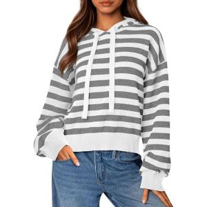 imagePRETTYGARDEN Womens Striped Sweaters 2025 Fall Pullover Hoodies Y2K Casual Long Sleeve Tops Winter Fashion ClothingStriped Grey White