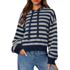 imagePRETTYGARDEN Womens Striped Sweaters 2025 Fall Pullover Hoodies Y2K Casual Long Sleeve Tops Winter Fashion ClothingStriped Navy Grey