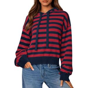 imagePRETTYGARDEN Womens Striped Sweaters 2025 Fall Pullover Hoodies Y2K Casual Long Sleeve Tops Winter Fashion ClothingStriped Navy Red