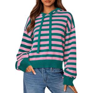 imagePRETTYGARDEN Womens Striped Sweaters 2025 Fall Pullover Hoodies Y2K Casual Long Sleeve Tops Winter Fashion ClothingStriped Pink Green