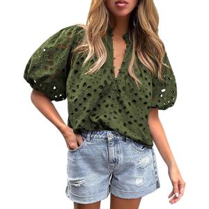 imagePRETTYGARDEN Womens Summer Tops 2025 Dressy Casual Short Sleeve V Neck Buttons Hollow Out Lace Embroidered Blouses ShirtsArmy Green