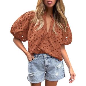 imagePRETTYGARDEN Womens Summer Tops 2025 Dressy Casual Short Sleeve V Neck Buttons Hollow Out Lace Embroidered Blouses ShirtsBrick Red