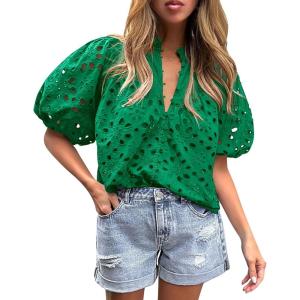 imagePRETTYGARDEN Womens Summer Tops 2025 Dressy Casual Short Sleeve V Neck Buttons Hollow Out Lace Embroidered Blouses ShirtsDark Green