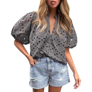 imagePRETTYGARDEN Womens Summer Tops 2025 Dressy Casual Short Sleeve V Neck Buttons Hollow Out Lace Embroidered Blouses ShirtsDark Grey