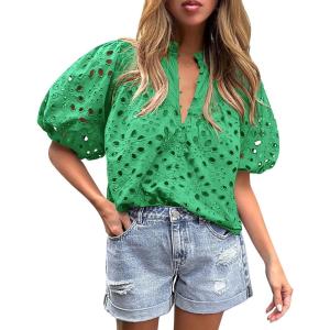 imagePRETTYGARDEN Womens Summer Tops 2025 Dressy Casual Short Sleeve V Neck Buttons Hollow Out Lace Embroidered Blouses ShirtsGreen