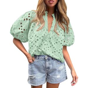 imagePRETTYGARDEN Womens Summer Tops 2025 Dressy Casual Short Sleeve V Neck Buttons Hollow Out Lace Embroidered Blouses ShirtsLight Green