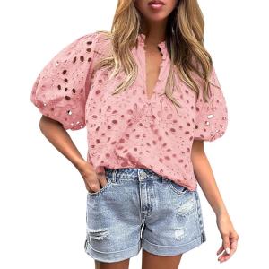 imagePRETTYGARDEN Womens Summer Tops 2025 Dressy Casual Short Sleeve V Neck Buttons Hollow Out Lace Embroidered Blouses ShirtsPink