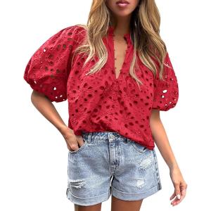 imagePRETTYGARDEN Womens Summer Tops 2025 Dressy Casual Short Sleeve V Neck Buttons Hollow Out Lace Embroidered Blouses ShirtsRed