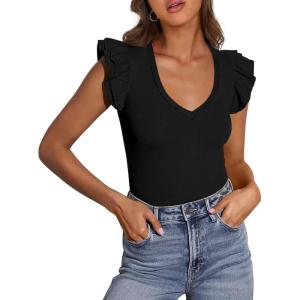 imagePRETTYGARDEN Womens V Neck Summer Tops Ruffle Sleeveless Slim Fit T Shirts Going Out Casual Blouses 2025Black
