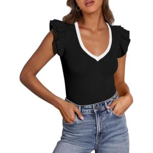 imagePRETTYGARDEN Womens V Neck Summer Tops Ruffle Sleeveless Slim Fit T Shirts Going Out Casual Blouses 2025Black White