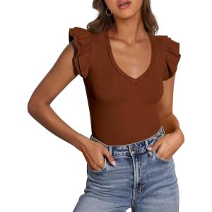 imagePRETTYGARDEN Womens V Neck Summer Tops Ruffle Sleeveless Slim Fit T Shirts Going Out Casual Blouses 2025Brown