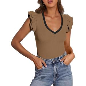 imagePRETTYGARDEN Womens V Neck Summer Tops Ruffle Sleeveless Slim Fit T Shirts Going Out Casual Blouses 2025Camel