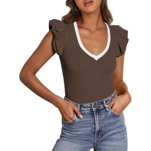 imagePRETTYGARDEN Womens V Neck Summer Tops Ruffle Sleeveless Slim Fit T Shirts Going Out Casual Blouses 2025Coffee