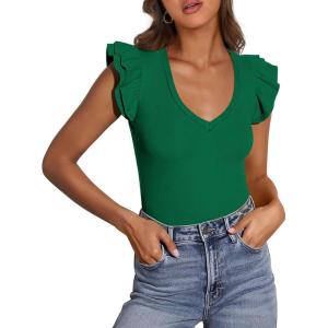 imagePRETTYGARDEN Womens V Neck Summer Tops Ruffle Sleeveless Slim Fit T Shirts Going Out Casual Blouses 2025Green