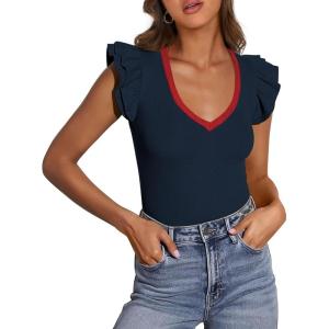 imagePRETTYGARDEN Womens V Neck Summer Tops Ruffle Sleeveless Slim Fit T Shirts Going Out Casual Blouses 2025Navy
