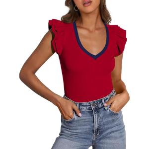 imagePRETTYGARDEN Womens V Neck Summer Tops Ruffle Sleeveless Slim Fit T Shirts Going Out Casual Blouses 2025Red Navy