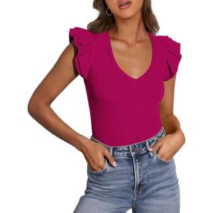 imagePRETTYGARDEN Womens V Neck Summer Tops Ruffle Sleeveless Slim Fit T Shirts Going Out Casual Blouses 2025Rose Red