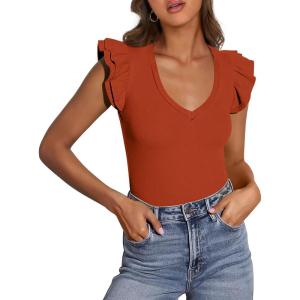 imagePRETTYGARDEN Womens V Neck Summer Tops Ruffle Sleeveless Slim Fit T Shirts Going Out Casual Blouses 2025Rust Red
