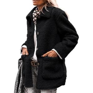 imagePRETTYGARDEN Womens Winter Faux Fur Coats Long Sleeve Lapel Button Down Pockets Fleece Sherpa Jacket Casual Trendy OuterwearBlack
