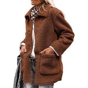 imagePRETTYGARDEN Womens Winter Faux Fur Coats Long Sleeve Lapel Button Down Pockets Fleece Sherpa Jacket Casual Trendy OuterwearBrown