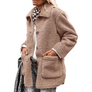 imagePRETTYGARDEN Womens Winter Faux Fur Coats Long Sleeve Lapel Button Down Pockets Fleece Sherpa Jacket Casual Trendy OuterwearCamel