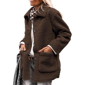 imagePRETTYGARDEN Womens Winter Faux Fur Coats Long Sleeve Lapel Button Down Pockets Fleece Sherpa Jacket Casual Trendy OuterwearCoffee