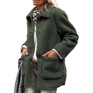 imagePRETTYGARDEN Womens Winter Faux Fur Coats Long Sleeve Lapel Button Down Pockets Fleece Sherpa Jacket Casual Trendy OuterwearDark Army Green