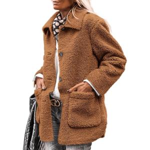 imagePRETTYGARDEN Womens Winter Faux Fur Coats Long Sleeve Lapel Button Down Pockets Fleece Sherpa Jacket Casual Trendy OuterwearGolden Camel
