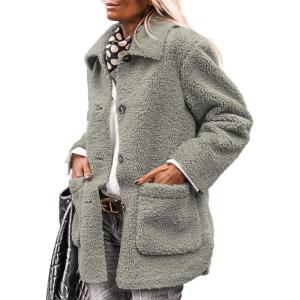 imagePRETTYGARDEN Womens Winter Faux Fur Coats Long Sleeve Lapel Button Down Pockets Fleece Sherpa Jacket Casual Trendy OuterwearGrey