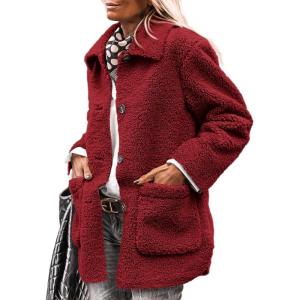 imagePRETTYGARDEN Womens Winter Faux Fur Coats Long Sleeve Lapel Button Down Pockets Fleece Sherpa Jacket Casual Trendy OuterwearJujube Red