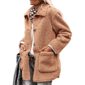 imagePRETTYGARDEN Womens Winter Faux Fur Coats Long Sleeve Lapel Button Down Pockets Fleece Sherpa Jacket Casual Trendy OuterwearKhaki