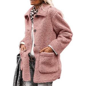 imagePRETTYGARDEN Womens Winter Faux Fur Coats Long Sleeve Lapel Button Down Pockets Fleece Sherpa Jacket Casual Trendy OuterwearPink