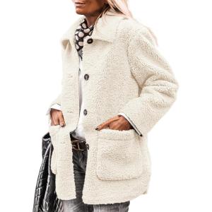 imagePRETTYGARDEN Womens Winter Faux Fur Coats Long Sleeve Lapel Button Down Pockets Fleece Sherpa Jacket Casual Trendy OuterwearWhite