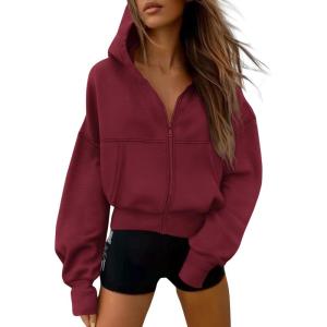 imagePRETTYGARDEN Womens Zip Up Y2K Hoodies 2025 Fall Fashion Long Sleeve Hooded Fleece Sweatshirts Casual Jacket Winter ClothesBurgundy