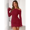 imagePRETTYGARDEN Long Sleeve Dress for Women Early Fall Fashion 2025 Cocktail Party Bodycon Off The Shoulder Mini Ruched DressesRed