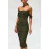 imagePRETTYGARDEN Wedding Guest Dress 2025 Summer Off Shoulder Ruched Elegant Sexy Bodycon Homecoming Cocktail Party Midi DressArmy Green