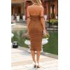 imagePRETTYGARDEN Wedding Guest Dress 2025 Summer Off Shoulder Ruched Elegant Sexy Bodycon Homecoming Cocktail Party Midi DressBrown