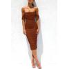 imagePRETTYGARDEN Wedding Guest Dress 2025 Summer Off Shoulder Ruched Elegant Sexy Bodycon Homecoming Cocktail Party Midi DressCaramel