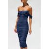 imagePRETTYGARDEN Wedding Guest Dress 2025 Summer Off Shoulder Ruched Elegant Sexy Bodycon Homecoming Cocktail Party Midi DressNavy