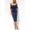 imagePRETTYGARDEN Wedding Guest Dress 2025 Summer Off Shoulder Ruched Elegant Sexy Bodycon Homecoming Cocktail Party Midi DressNavy