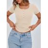 imagePRETTYGARDEN Womens 2025 Fall Summer Short Sleeve Tops Ribbed Henley Button Slim Fit Basic Casual T Shirts Blouse ClothingBeige